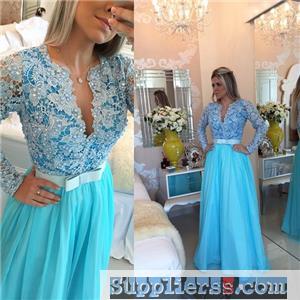 Long Sleeve Lace Evening Dress V-neck Blue Chiffon Prom Dress