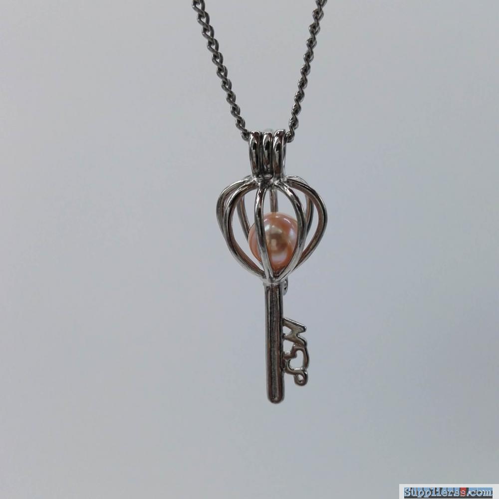 Copper Key Heart Shaped Freshwater Pearl Cage Pendant