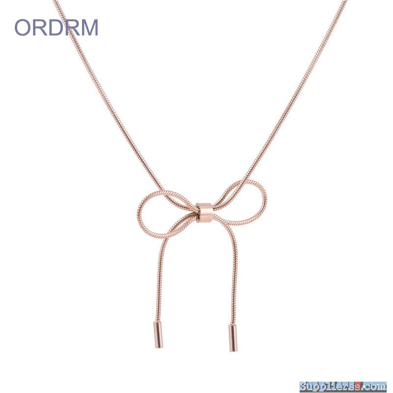 Long Rose Gold Snake Chain Bow Knot Necklace