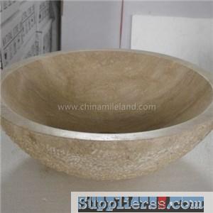Beige Travertine Bowl With Rough Exterior For Bathroom Vessel Sink