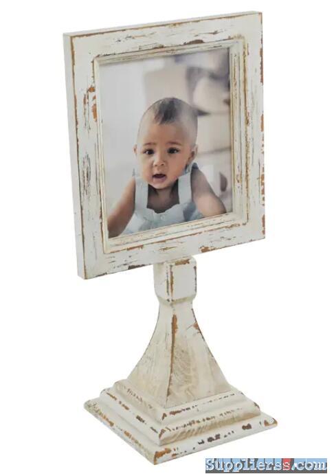 Wooden photo frame with base, square, vintage, white peel off distressed 18F149